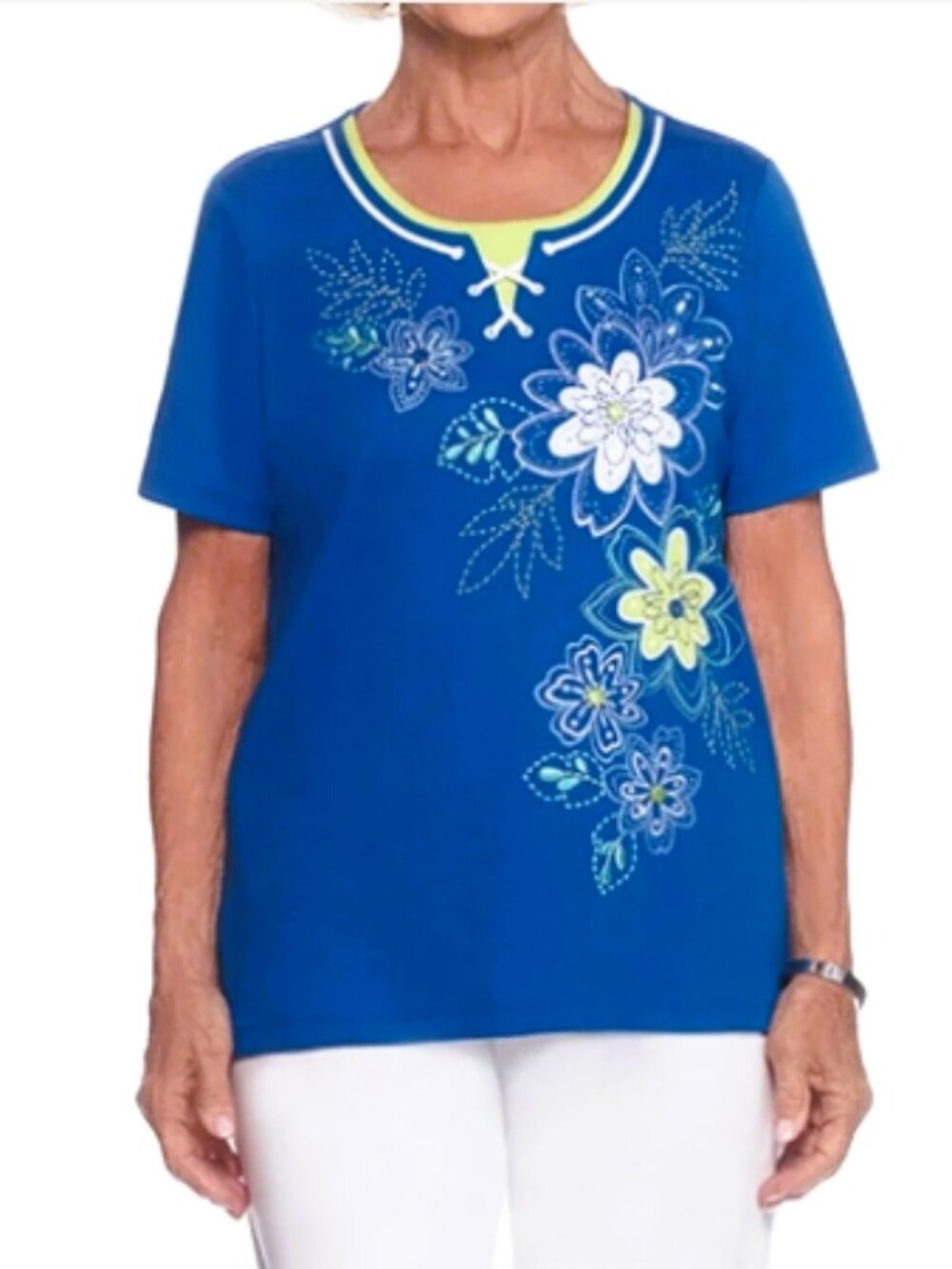 💚💙 ALFRED DUNNER TOP SHIRT ROYAL BLUE LIME GREEN FLORAL EMBROIDERED LEAVES M